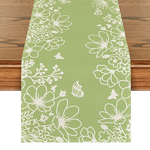 Artoid Mode Green Bloom Flowers Butterfly Spring Table Runner, Seasonal Holiday Kitchen Dining Table Decoration for Home Party Indoor 13x72 Inch - color: Green, size: 13" x 72", Table Runner