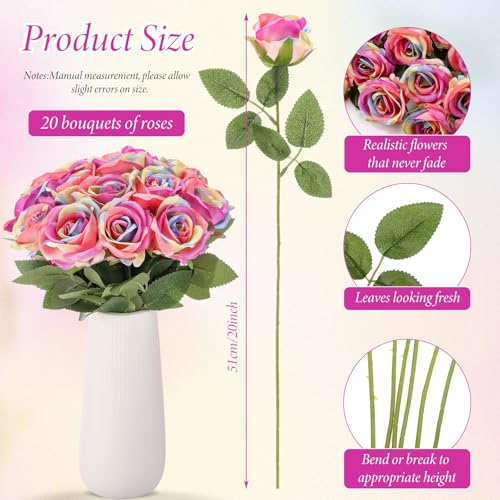Hotop 20 Pcs Artificial Rose Flowers with Long Stem,Real Lifelike Silk Realistic Plastic Bouquet Roses Bulk for Home Decor Bridal Wedding Party Table Centerpieces Decorations(Rainbow) - color: Rainbow