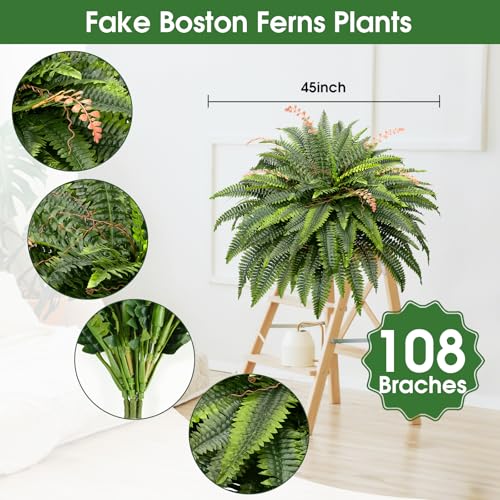 CQURE 108 Branches Fake Ferns Artificial Plants Large, 50" Set of 2 Artificial Boston Ferns Faux Hanging Fake Plants for Outdoors Planter Home Garden Decor - size: 50'' 108 leaves-B--2pcs