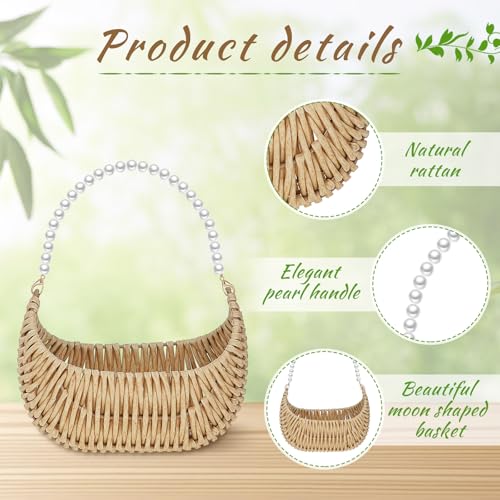 Taiyin 4 Pcs Rattan Flower Girl Basket with Pearl Handle 7 x 5 x 4 Inches Small Half Moon Wicker Basket for Wedding Flower Girl Picnic Garden Storage and Home Decor (Light Brown) - color: Light Brown