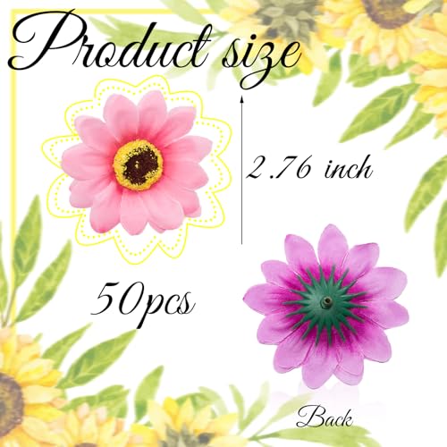 Pink Artificial Sunflower Heads Bulk, 50 Pcs Fake Sunflower Heads Fabric Flowers for Craft, 2.76 Inch Silk Sunflowers for Decorations, Bridal Shower, Farmhouse, Birthday Party - color: Pink