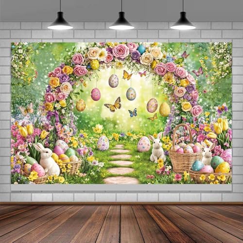 Spring Happy Easter Backdrop, Enchanted Forest Colorful Eggs Rabbit Bunny Floral Butterfly Photography Background, Fairy Tale Wonderland Garden Party Decorations Banner Photo Booth Studio Props 5X3FT - color: Purple and Green, size: 5X3FT