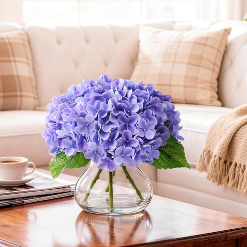Real Touch Faux Hydrangea Flowers in Glass Vase, No Watering Needed Silk Hydrangea Artificial Flowers for Farmhouse Wedding Decor Dining Table Centerpiece Bedroom Decor (Purple) - color: Purple