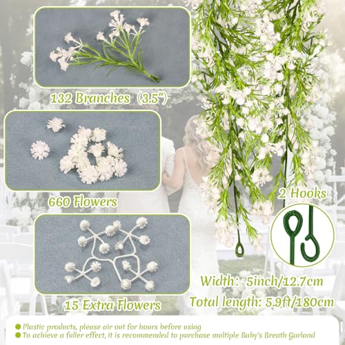RAINFLOW 5.9Ft Babys Breath Artificial Flowers Garland - 1PCS Lush Baby Breath Flowers Artificial Bulk Vines, White Flower Garlands for Wedding Arch Party Fireplace Backdrop Indoor Outdoor Decor