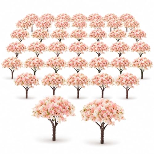 LOGOFUN 30pcs Miniature Cherry Blossom Trees | Mini Model Trees; For Train Railway Architecture Diorama Dollhosue Micro Landscape Sand Table Decor