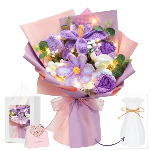 Crochet Flower Bouquet, Purple Handmade Knitted Flowers with Lights & Vase Crochet Tulips Galsang Liliy Rose Daisy Flower for Mothers Day Graduation Wedding Lover Teacher Anniversary Birthday Gift - color: Purple