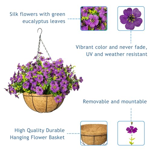 Artificial Hanging Flowers for Outdoors with Basket,UV Resistant Realistic Faux Hanging Plants Outdoor Artificial Flowers for Outdoors Basket for Yard Porch Patio Garden Home Decor,12 Bundles(Fuchsia) - color: Fuchsia