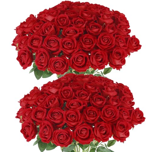 Hananona 50 Pcs Artificial Roses in Bulk, Fake Silk Red Roses Realistic Roses for Wedding Centerpieces Flower Arrangement Home Decor (50, Red) - color: Red