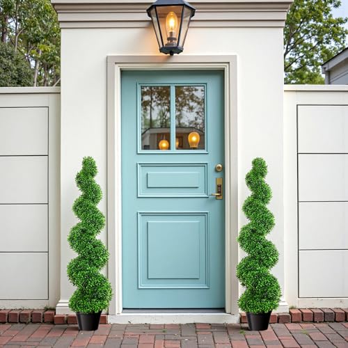 4ft Artificial Boxwood Spiral Topiary Tree(2pcs), 48" in H Spiral Faux Topiaries Tree for Front Porch/Home/Office Decor, Topiary Trees Artificial Outdoor/Indoor