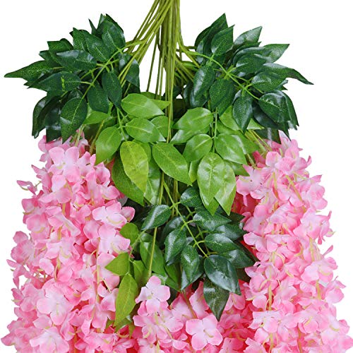 U'Artlines 24 Pack (Total 86.4 Feet) Artificial Fake Wisteria Vine Rattan Hanging Garland Silk Flowers String Home Party Wedding Decor (24, Pink) - color: Pink