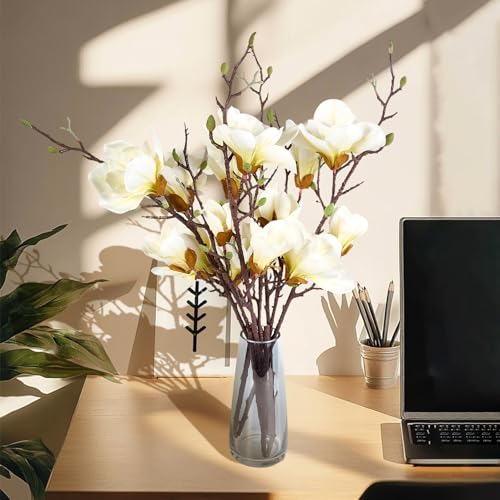 2 PCS 35inch Artificial Magnolia Flowers 3D Real Touch 10 Heads Faux Magnolia Flowers Realistic Long Stem with Green Leaves for Home Wedding Table Office Floral Arrangement Decoration (White) - color: White, size: 2 PCS