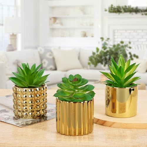 Briful Succulents Plants Artificial in Gold Ceramic Pots (Set of 3), Small Fake Plants for Home Office Desk Decor – Modern Mini Potted Succulents for Bathroom, Bedroom, Living Room Table, Shelf - color: Gold