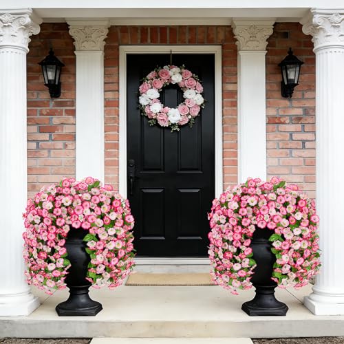 INXUGAO Artificial Fake Hanging Flowers Plants for Outdoor Decoration, 2PCS Faux Silk Morning Glory Long Vines Stems UV Resistant Look Real for Spring Summer Outside Home Porch Patio, Pink - color: Pink