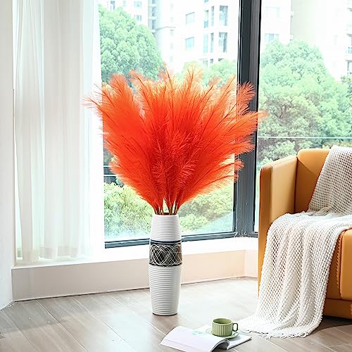 Wertuirk Orange Pampas Grass Decor- 45-Inch Set of 8 | Tall Faux Pampas Grass Soft and Fluffy | Large Artificial Pompas Floral | Perfect for Living Room, Office and Wedding Party Centerpieces - color: Orange
