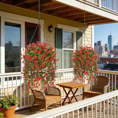 4 Pcs Artificial Hanging Flowers for Outdoor, Fake Silk Daisy Flowers Spring Summer Decoration UV Resistant Faux Plants for Planter Front Door Porch Patio Balcony Yard Decor, Red - color: Red