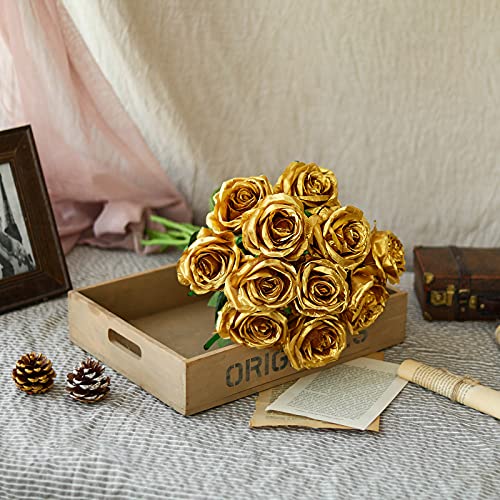 Nubry Artificial Silk Rose Flower Bouquet Lifelike Fake Rose for Wedding Home Party Decoration Event Gift 10pcs (Gold) - color: Gold