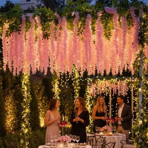 HUAHUA Artificial Wisteria Flowers, White Dense Artificial Fake Wisteria Vine Ratta Hanging Garland Silk Flowers String for Home Party Wedding Decor (24Pcs Light Pink) - color: 24pcs Light Pink