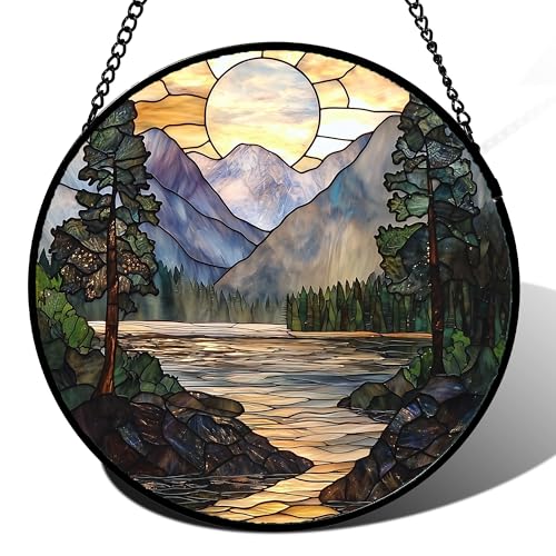 Stained Glass Window Hanging, Sunset Mountains Lake Tree Sun Catcher for Window Home Decor Landscape Suncatcher Mother's Day Birthday Gifts for Women Men Mom and Nana 7.8 in - color: 1-yellow Green, size: 7.8x7.8 IN