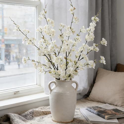 LESING 4pcs Artificial Cherry Blossom Flowers, 41.4" Realistic Fake Silk Long Stems Artificial Cherry Blossom Branches for Floor Table Home Wedding Decoration (White-1) - color: White-1