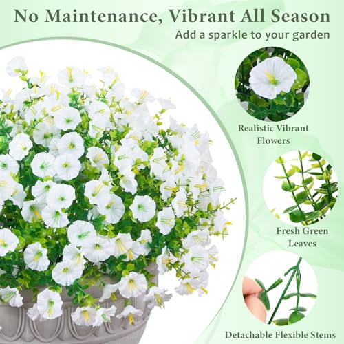 MARTINE MALL 24 Bundles Look Real Artificial Flowers for Outdoors, Realistic Fake Outdoor Flowers, UV Resistant Silk Petunia Flowers for Outside Faux Flowers Plants for Outdoor Porch, White - color: White, size: 24 Bundles