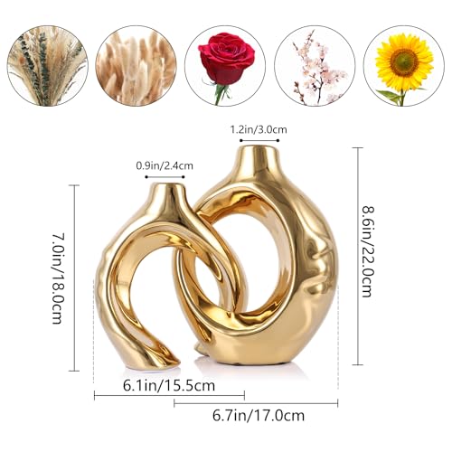 LCCCK Gold Ceramic Vases for Home Decor, Boho Vase for Flowers Pampas Grass Decorative, Hollow Donut Small Vase for Living Room Table Wedding Centerpiece Modern Vases (Gold) - color: Gold