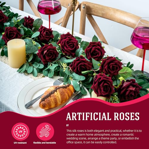 Ttranewsoo Fake Roses Faux Flowers Silk Roses Artificial Roses with Stems 16.5In Realistic Artificial Flowers Suitable for Indoor Home Decoration Diy Bouquet Wedding Decor Party Decor 12PCS(Black red) - color: Black Red 12pcs