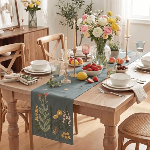 Artoid Mode Grey Soft Chain Embroidery Wild Floral Spring Table Runner, Seasonal Summer Kitchen Dining Table Decoration for Home Party Decor 13x72 Inch - color: Grey, size: 13" x 72", Table Runner