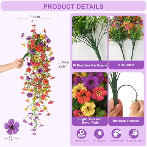 Artificial Hanging Flowers for Outdoors, 2 Pcs Fake Hanging Plants Spring Summer Decor, UV Resistant Faux Silk Daisy Flower for Front Door Porch Planter Patio Yard Garden(Purple Rose Red Yellow) - color: Purple, Rose, Red, Yellow