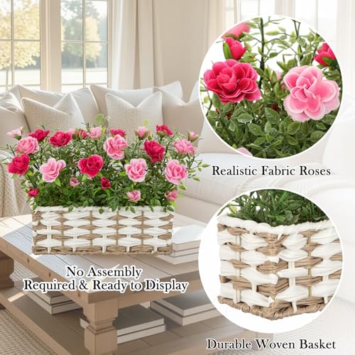 Artificial Rose Flowers with Woven Basket, Faux Blooming Roses in Fake Rattan Planter for Table Centerpiece, Romantic Floral Arrangement for Home Dining Room Wedding Sweet Decor, Hot & Soft Pink - color: Hot & Soft Pink