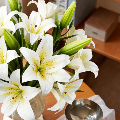 18 Artificial Lily Flowers with 12 Heads Fully Bloomed Lilies and 6 Buds, Short Stem Tiger Lily Artificial Flowers for Home Hotel Flower Arrangement Party Decor (White) - color: White