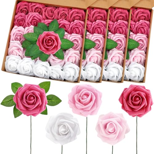 100 Pcs Artificial Foam Rose Flower Faux Bouquet Wedding Fake Rose Gift for Mother's Day Women DIY Bridal Shower Party Table Birthday Home Spring Decor (Gradient Pink) - color: Gradient Pink