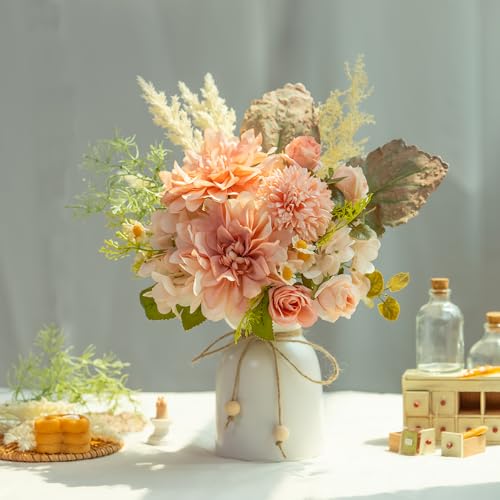 Fake Flowers with Vase Silk Dahlia Artificial Flowers in Vase Faux Hydrangea Flowers Arrangements with Vase for Home Office Decoration Dining Table Centerpiece (Pink) - color: Pink