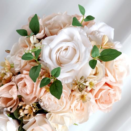 9.8 Inch Cascading Bridal Bouquet Waterfall Cascade Wedding Bouquet Bride with Artificial Rose Flower Rustic Boho Wedding Ceremony Bouquet Light Peach Pink and Champagne - color: Light Peach & Champagne