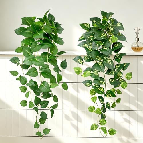 Artificial Hanging Plants 31.5‘’ with White Pots –2 Pack Fake Pothos Potted Plants Faux Ivy Vines, Realistic Greenery Hanging Fakeplants Indoor for Home Decor, Bedroom, Bathroom, Office, Living Room - size: 31.5''