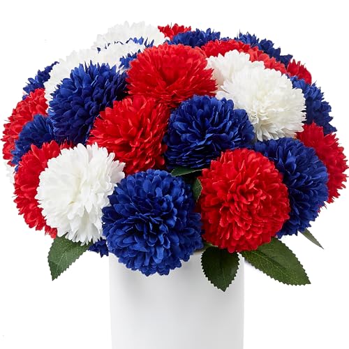 SITUMEIZI 12 Pcs Artificial Chrysanthemums Flowers Patriotic Red White Blue Fake Mums Silk 4th of July Decorations Memorial Day Table Centerpiece Floral Arrangement for Home Kitchen Wedding - color: Red/Blue/White, size: 12 Pieces