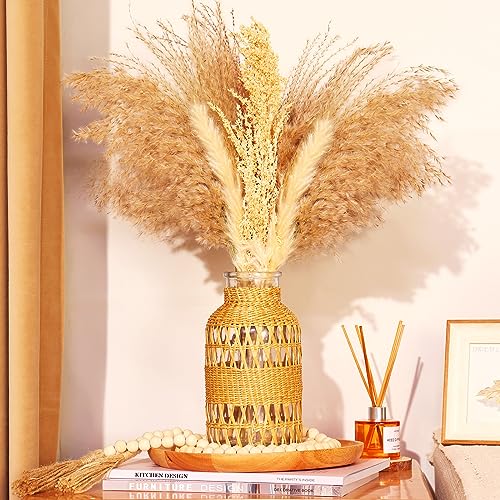 ZENS Rattan Boho Vase, Hand Woven Wicker Cover Glass Flower Vases for Pampas Grass, Artistic Boho Style Country Vase for Fall Flower Decor, Home Table Centerpiece, Farmhouse Decorative
