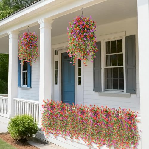 ZFProcess Artificial Hanging Flowers for Outdoors, 2 Pcs Fake Hanging Plant Spring Summer Decor, UV Resistant No Fade Realistic Faux Flower for Front Door Porch Planter Patio Garden Yard(Red Purple) - color: Red Purple