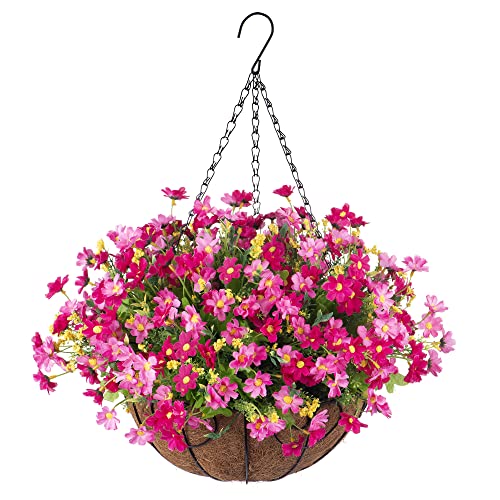 Ammyoo Artificial Hanging Flowers in Basket for Patio Garden Porch Deck Spring Summer Decoration, Artificial Daisy Arrangement,Fake Plants in 12 inch Coconut Lining Basket for Outdoor/Indoor(Pink) - color: Pink