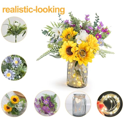 Sunflower Fake Flowers in Vase, Sunflowers Lavender Artificial Flowers with Vase for Table Centerpieces, Silk Flower Bouquet Faux Floral Arrangements Kitchen Farmhouse Cemetery Gravesites Decor - color: Yellow Purple