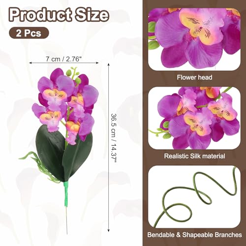 uxcell 2 Pcs Artificial Phalaenopsis Fake Flowers, 14 Inch Real Touch Artificial Floral Fake Bouquet for Wedding Bride Shower Gift Home Decor DIY Crafts, Purple - color: Purple, size: 14 Inch