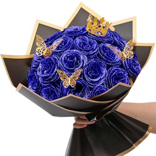 Waipfaru Blue Glitter Roses Bouquet, DIY Flowers Bouquet, Birthday Gifts for Women Mom Grandma Wife Girlfriend, 24 Pcs Fake Rose for Valentines, Mothers Day, Anniversary, Graduation Gifts - color: Blue, size: 24pcs