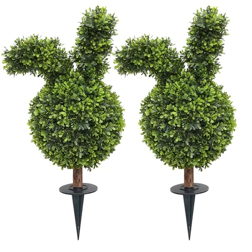 Damomo 27'' Artificial Bunny Shaped Topiary Trees with Ground Spike Set of 2, Outdoor Indoor Faux Boxwood Topiary Ball Bushes Potted Fake Shrubs Front Porch Decor Outside Garden - size: 27 inch