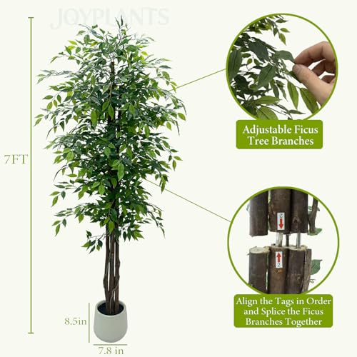 7ft Tall Artificial Ficus Tree in White Pot, Straight Trunk Fake Ficus Tree with Lush Green Leaves, Faux Potted Plant for Indoor Outdoor Home Office Living Room Patio Decor