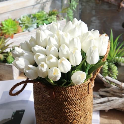 PU Real Touch Tulips Artificial Flowers 30Pcs Fake Flowers Arrangement Bouquet for Home Office Wedding Decoration (White) - color: White 30pcs
