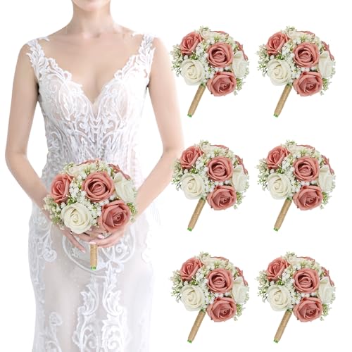 Wedding Artificial Bridesmaids Bouquets Set of 6-Faux Babys Breath Dusty Pink Fake Gypsophila Bouquet for Bridesmaid, Real Touch Small Bouquet for Bridesmaids Wedding Bridal Shower Centerpieces-7 Inch - color: Dusty Pink, size: Set of 6 Bridesmaid Bouquet
