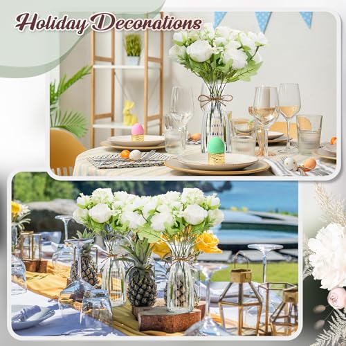 Thiccywoov 19 Pack Artificial Peony Flowers with Vase Bulk, 12 Bundles Faux Peony Bouquet 6 Vase with 1 Rope Silk Flower Arrangement Wedding Table Centerpiece for Wedding Bridal Shower(White) - color: White
