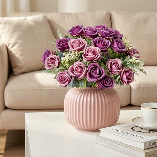 Fake Roses Purple Roses Artificial Roses Silk Roses Artificial Roses with Stems 24 Full Flower Heads Faux Roses for Outdoor Indoor Centerpieces home Wedding Farmhouse Decoration No Vase (4PCS,Purple) - color: Purple 4pcs