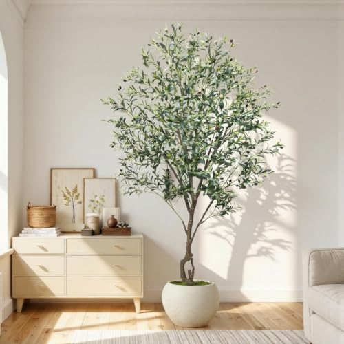 Caxchiling Large Artificial Olive Tree 7FT, Fake Tree for Indoor Outdoor, Lifelike Tall Floor Plants with Heavy Trunk and Ball-Shaped Pot, Home Office Decor for Living Room Bedroom Doorway Hallway - color: Olive, size: 7ft