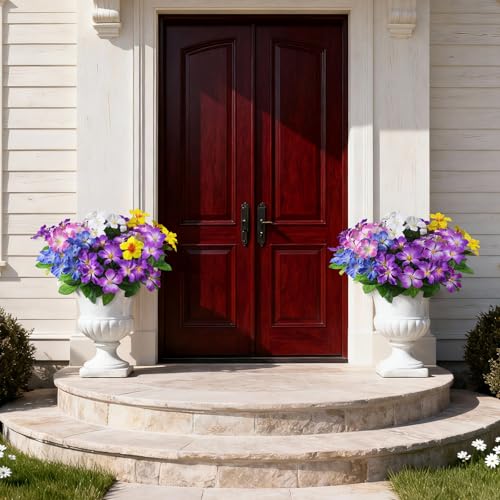 Homsunny Artificial Flowers for Outdoor, Fake Silk Flowers UV Resistant, Realistic Faux Plants Flowers for Front Door Porch Planter Patio Yard Garden Spring Decor - color: Deep Purple+blue+light Purple+pink+white+yellow