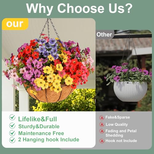 Artificial Outdoors Flowers with Hanging Basket, UV Resistant Fake Hanging Flowers, Faux Silk Plants with Planters for Porch Home Patio Balcony Yard (Rose Red, Red, Purple, Yellow, Pink, Blue) - color: 6 Multicolor, size: 1PCS